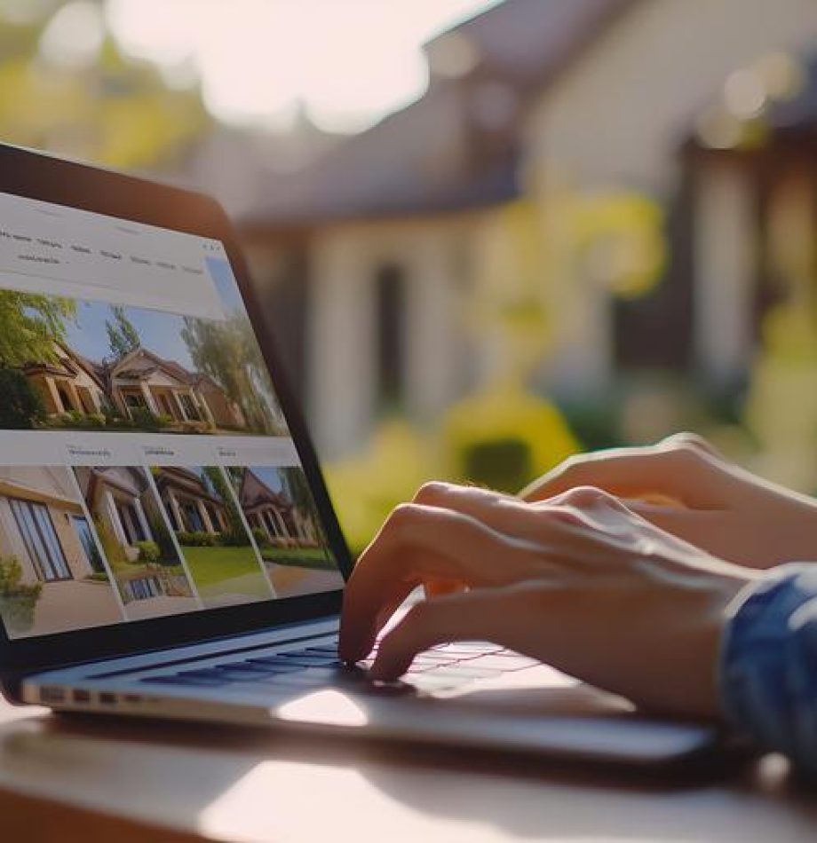 Woman is using a laptop to browse real estate listings while sitting at a wooden table in a sunny garden, searching for her dream home in a peaceful outdoor setting