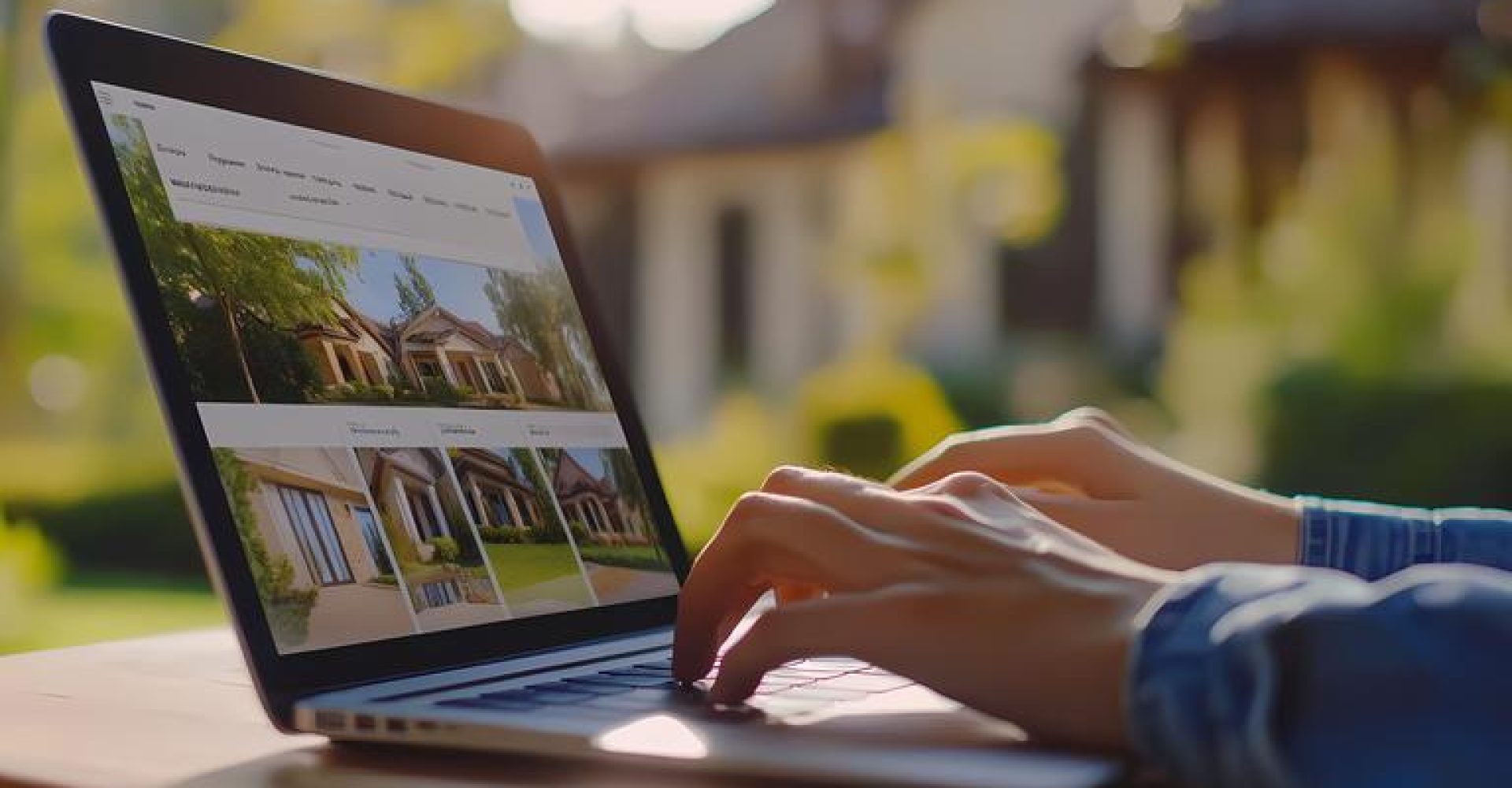 Woman is using a laptop to browse real estate listings while sitting at a wooden table in a sunny garden, searching for her dream home in a peaceful outdoor setting